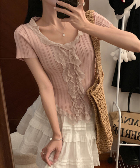 レースフリルニットトップスショート丈夏服 サマーニットレディース ラッフルレースニットソー 甘めコーデ お洒落 コンパクト タイトニット 半袖ニットTシャツ韓国風 6SENZHU-001